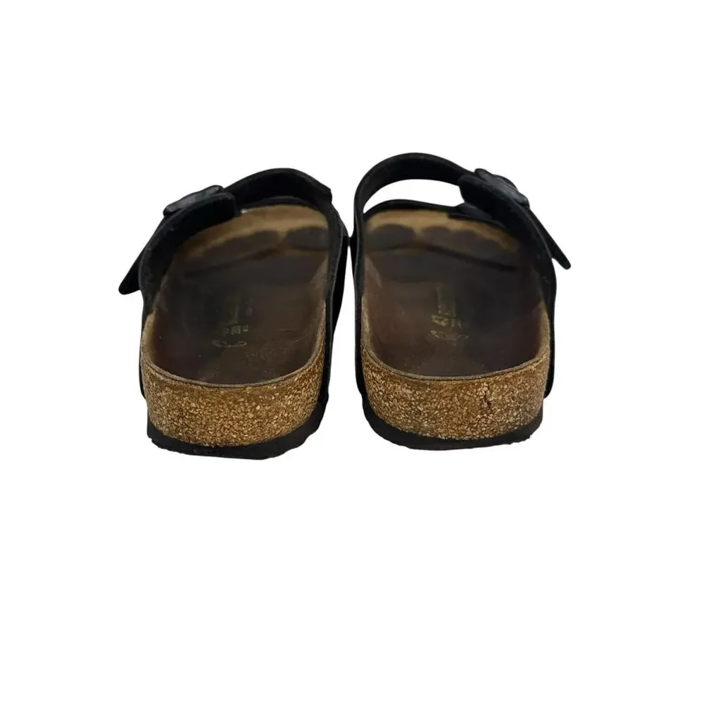 BIRKENSTOCK Arizona Men's Sz 10 Black Leather Two-Strap Sandals Cork Footbed